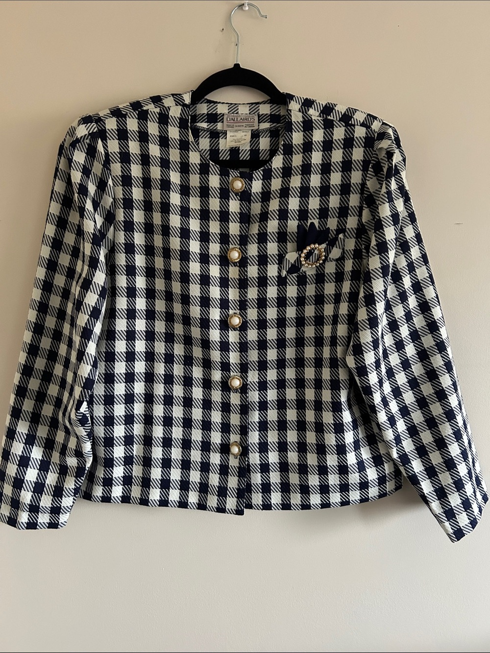 Vintage Navy and White Gingham Collarless Blazer with Brooch